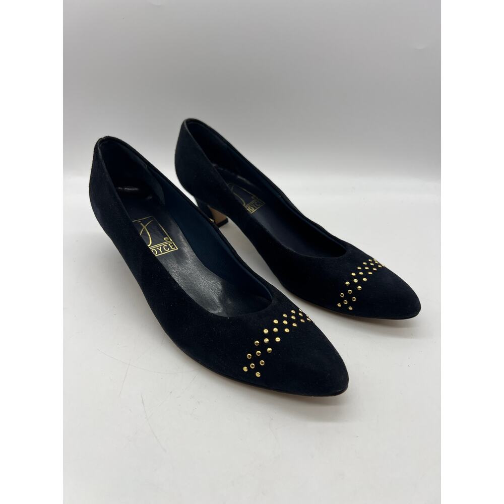Joyce Navy Suede Pumps Gold Stud Toe 8N‎ Narrow Vintage Heels